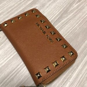 Tan Michael lord wristlet wallet, leather